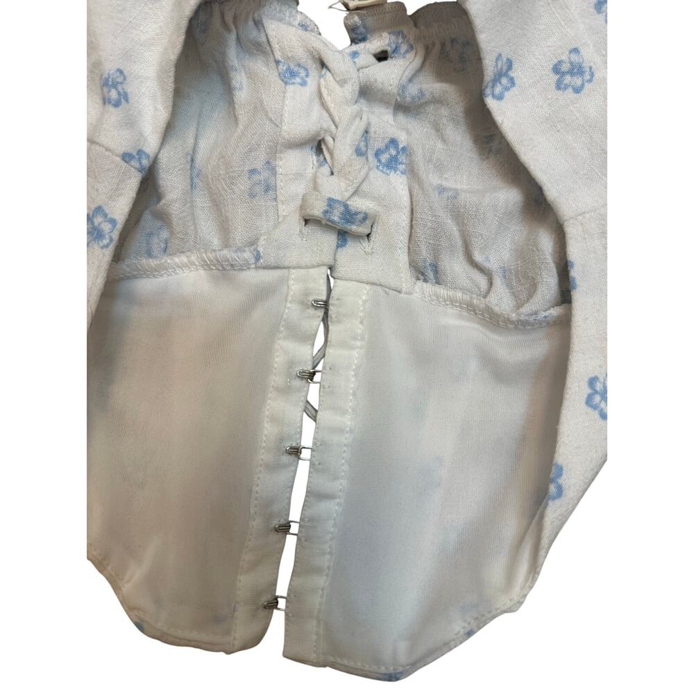 L.A. Hearts Floral Puff Sleeve‎ Corset Crop Top XS White Blue Linen Blend - Picture 6 of 10